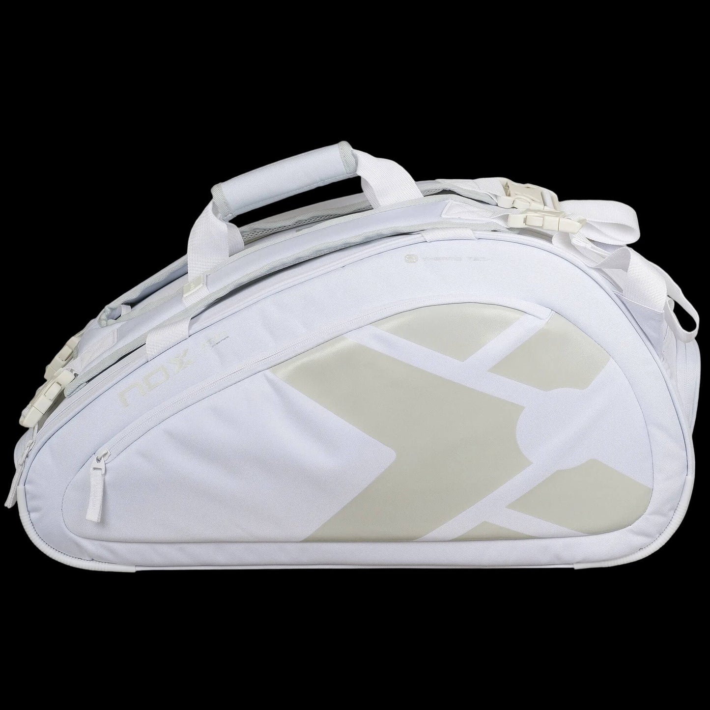 Nox AT10 Team white padel bag side profile showing full shape and AT10 graphic, designed for all level players`