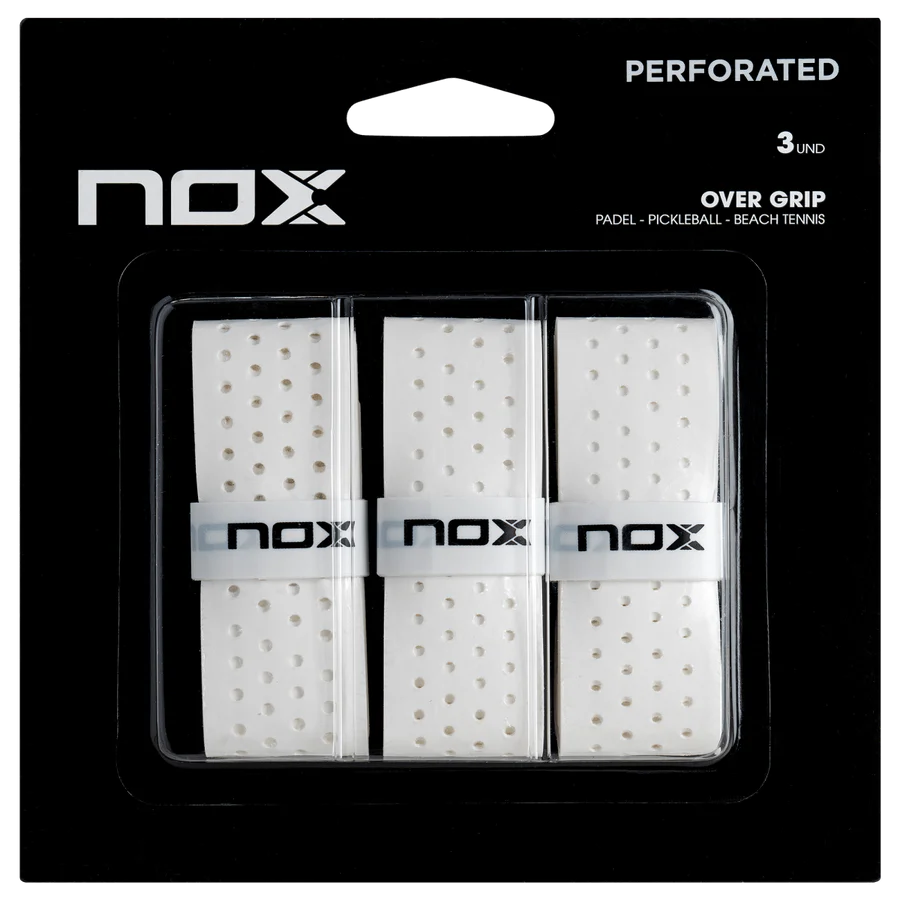 Nox white perforated blister overgrips in white. Black casing with 3 grips per pack.