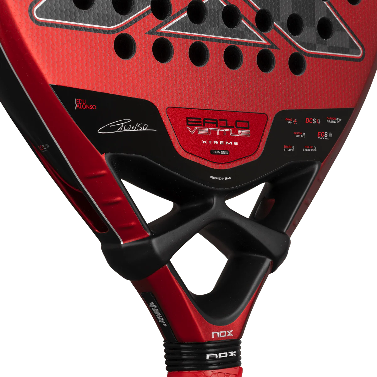Nox EA10 Ventus Hybrid 12K Xtrem 2026 padel tennis racket for advanced players, close-up of throat section with red finish and Alonso signature.