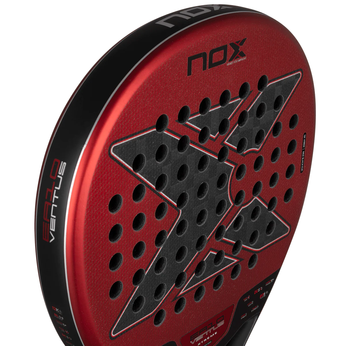 Nox EA10 Ventus Hybrid 12K Xtrem 2026 padel tennis racket for advanced players, close-up side detail showing red X surface and NOX logo.