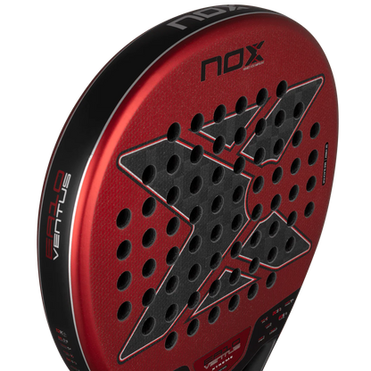 Nox EA10 Ventus Hybrid 12K Xtrem 2026 padel tennis racket for advanced players, close-up side detail showing red X surface and NOX logo.