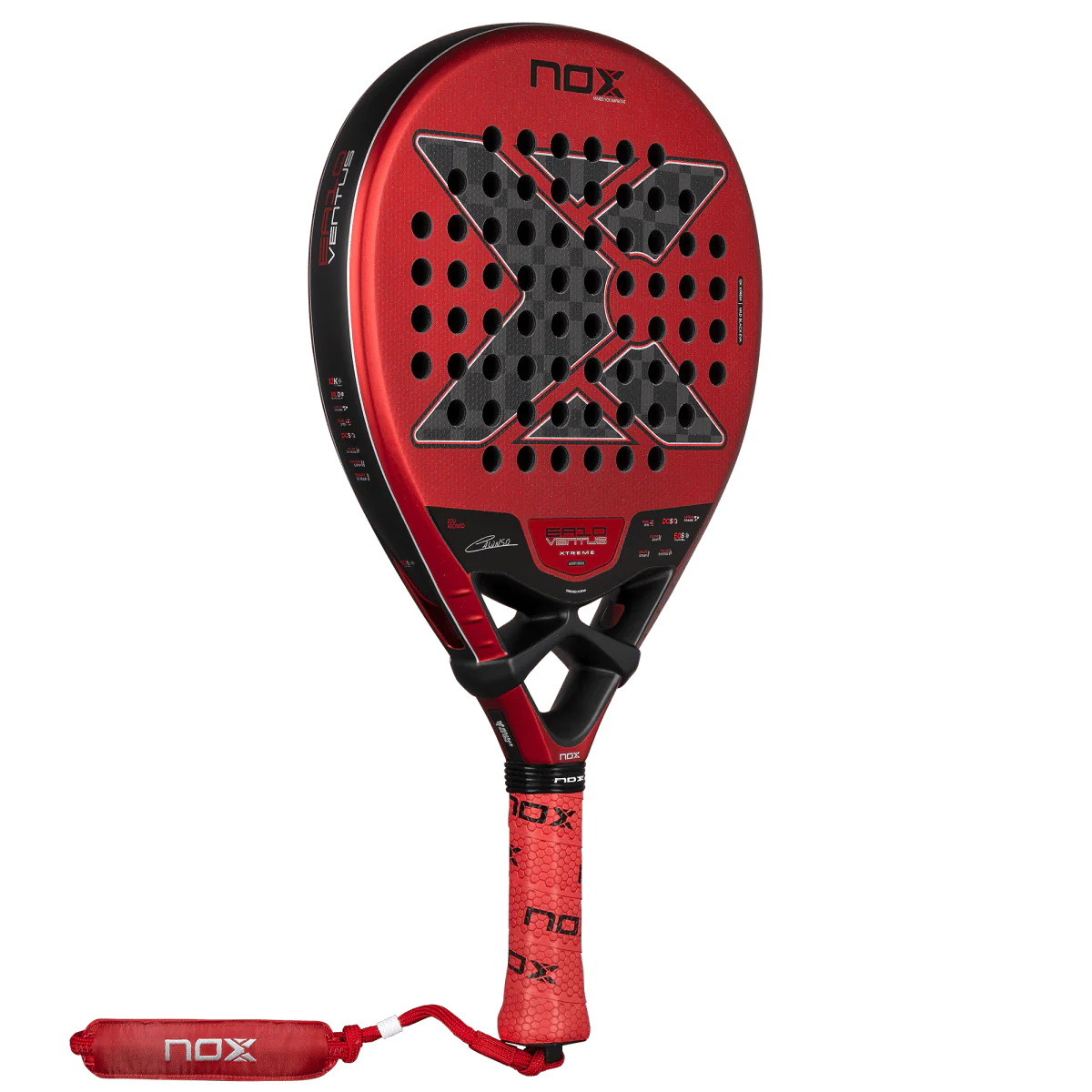 Nox EA10 Ventus Hybrid 12K Xtrem 2026 padel tennis racket for advanced players, red and black X design shown in angled side view on transparent background.
