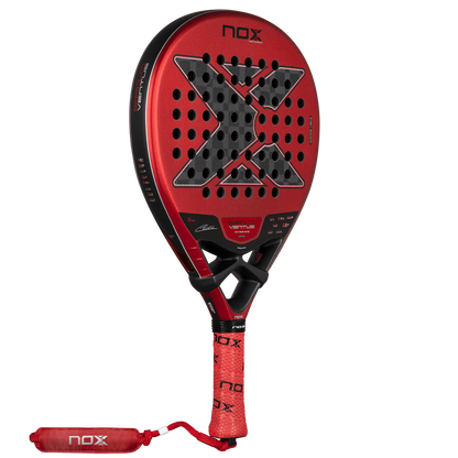 Nox EA10 Ventus Hybrid 12K Xtrem 2026 padel tennis racket for advanced players, red and black X design shown in angled side view on transparent background.