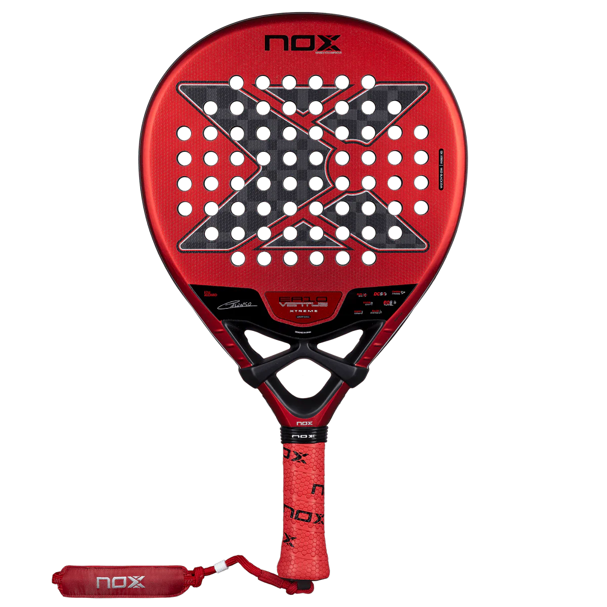 Nox EA10 Ventus Hybrid 12K Xtrem 2026 padel tennis racket for advanced players, red and black X design on transparent background ,front view