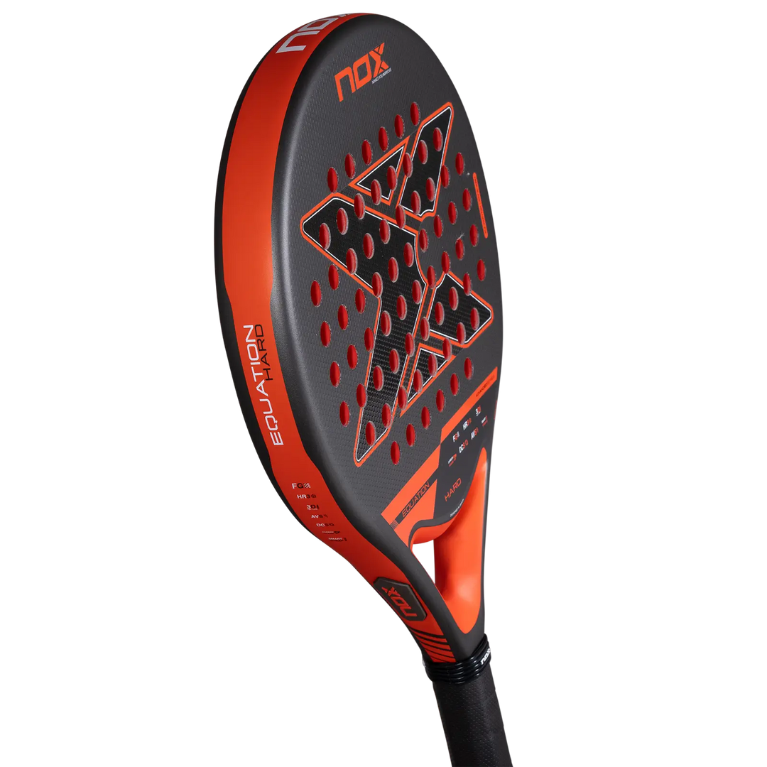 Angled face view of the Nox Equation Hard Advanced 2027 padel racket