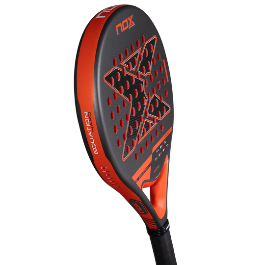 Angled face view of the Nox Equation Hard Advanced 2027 padel racket