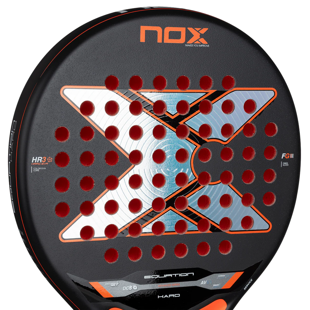 Nox Equation Hard 2026 padel racket close up of fibreglass 3K face with exclusive spin texture, designed for intermediate players.