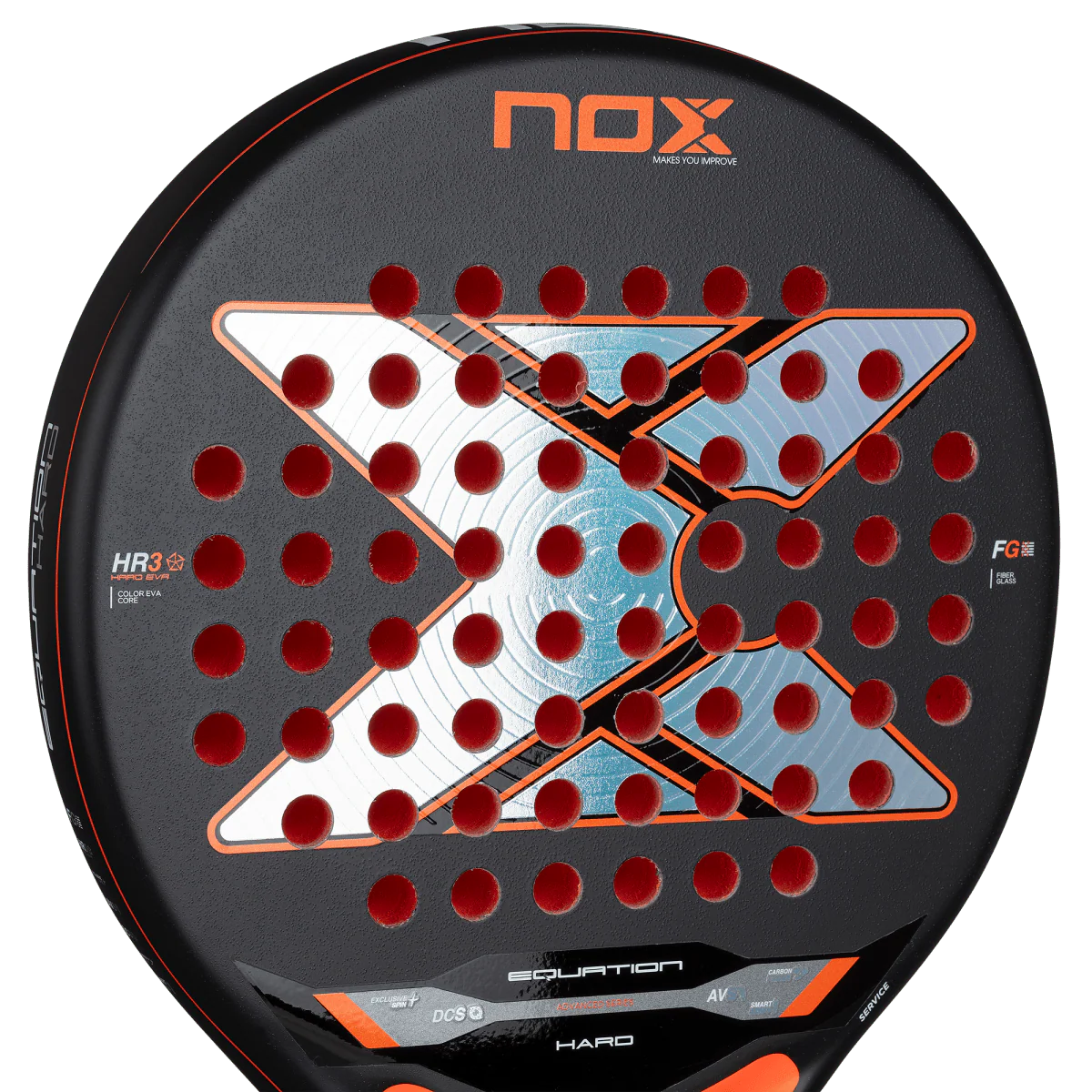 Nox Equation Hard 2026 padel racket close up of fibreglass 3K face with exclusive spin texture, designed for intermediate players.