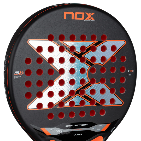 Nox Equation Hard 2026 padel racket close up of fibreglass 3K face with exclusive spin texture, designed for intermediate players.