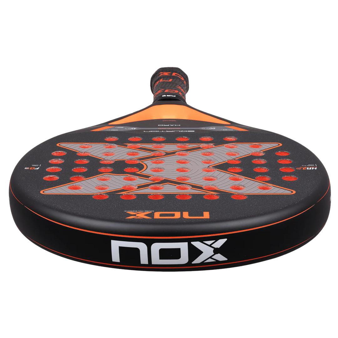 Nox Equation Hard 2026 padel racket low angle view highlighting round head and wide sweet spot, designed for intermediate players.