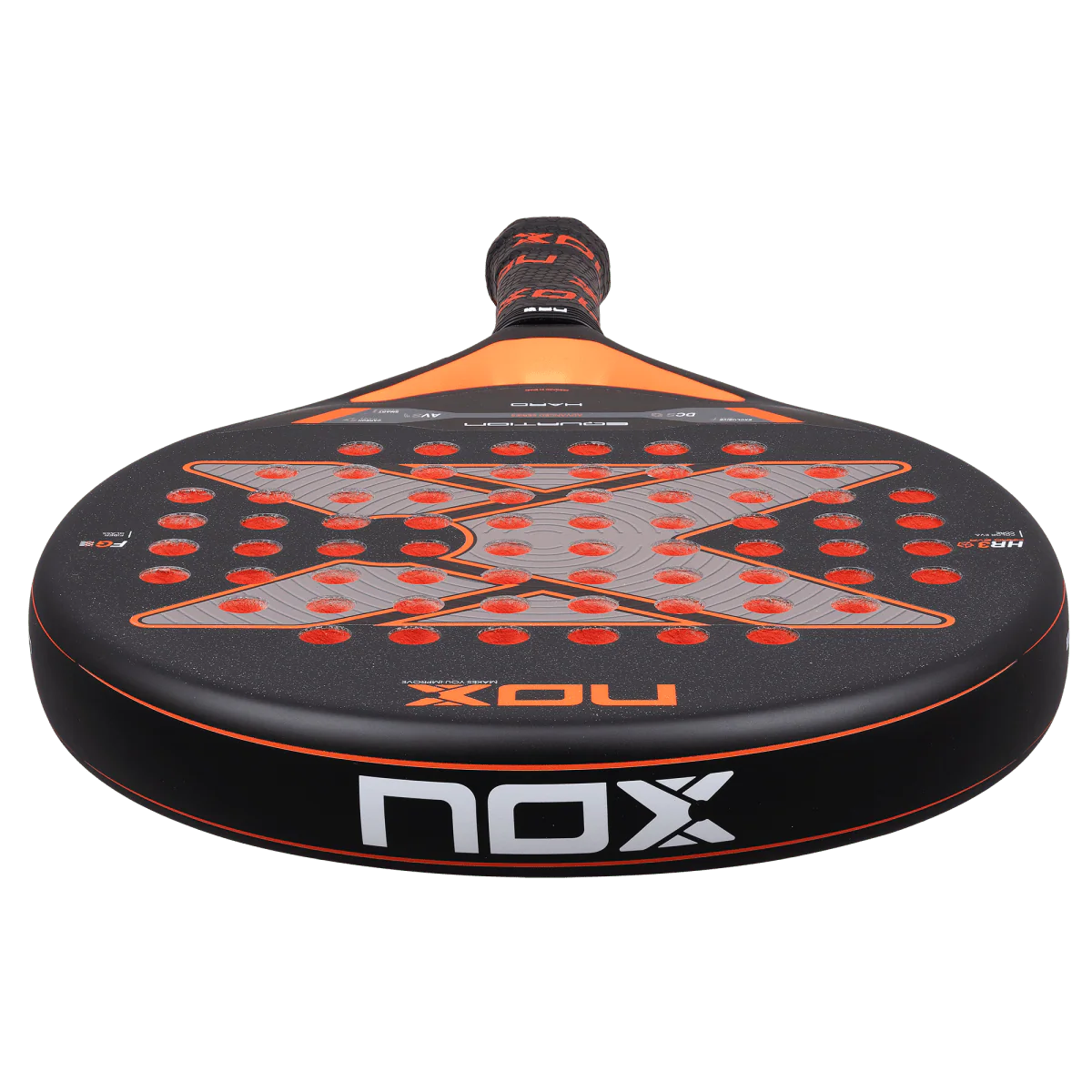 Nox Equation Hard 2026 padel racket low angle view highlighting round head and wide sweet spot, designed for intermediate players.