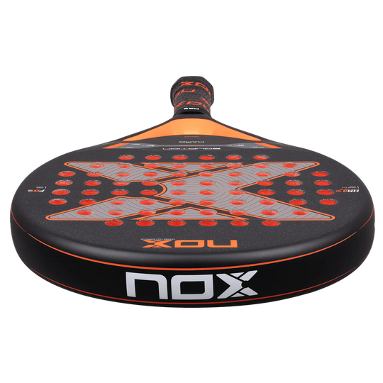 Nox Equation Hard 2026 padel racket low angle view highlighting round head and wide sweet spot, designed for intermediate players.