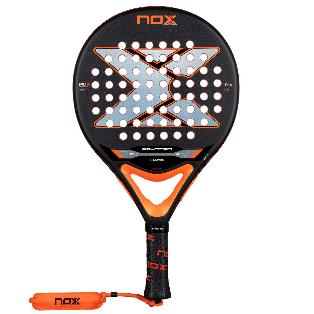 Nox Equation Hard Advanced 2026 padel racket front view with round shape and exclusive spin surface, designed for intermediate players.