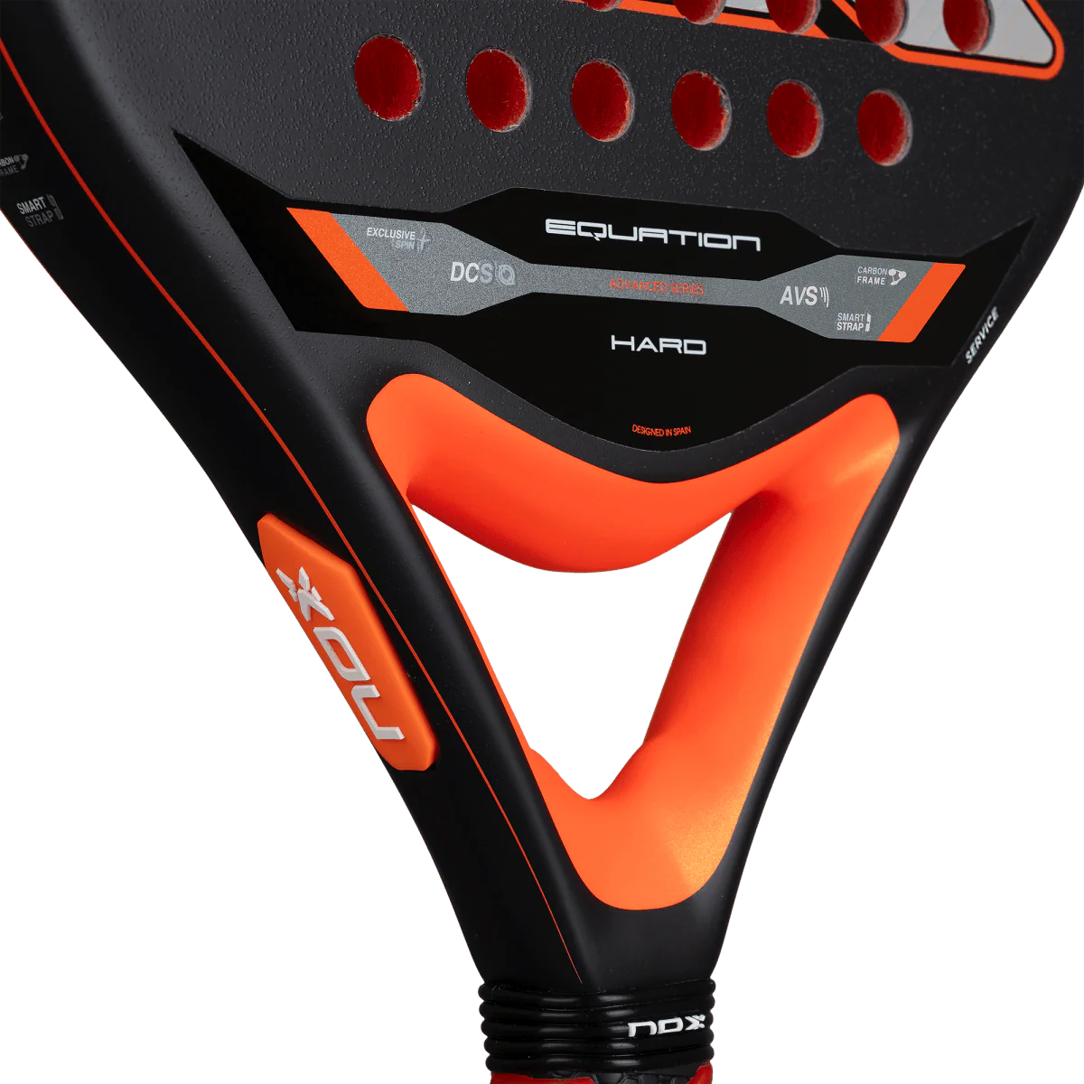 Nox Equation Hard 2026 padel racket neck detail with AVS anti vibration system, designed for intermediate players.