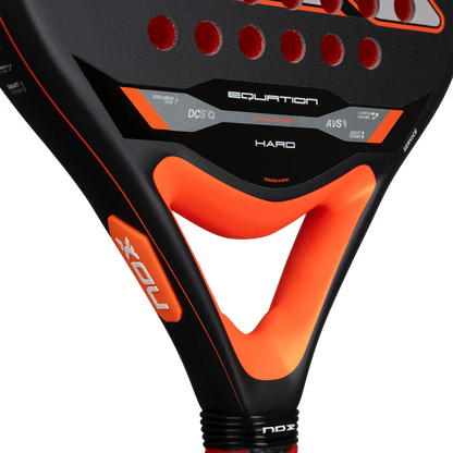 Nox Equation Hard 2026 padel racket neck detail with AVS anti vibration system, designed for intermediate players.