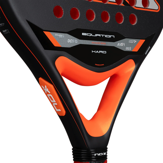 Nox Equation Hard 2026 padel racket neck detail with AVS anti vibration system, designed for intermediate players.
