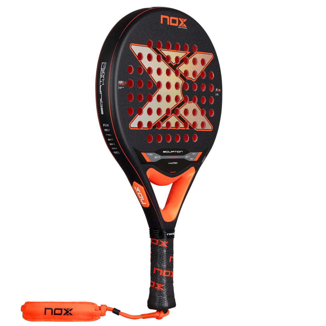Nox Equation Hard 2026 padel racket angled side view showing carbon frame and balanced profile, designed for intermediate players.