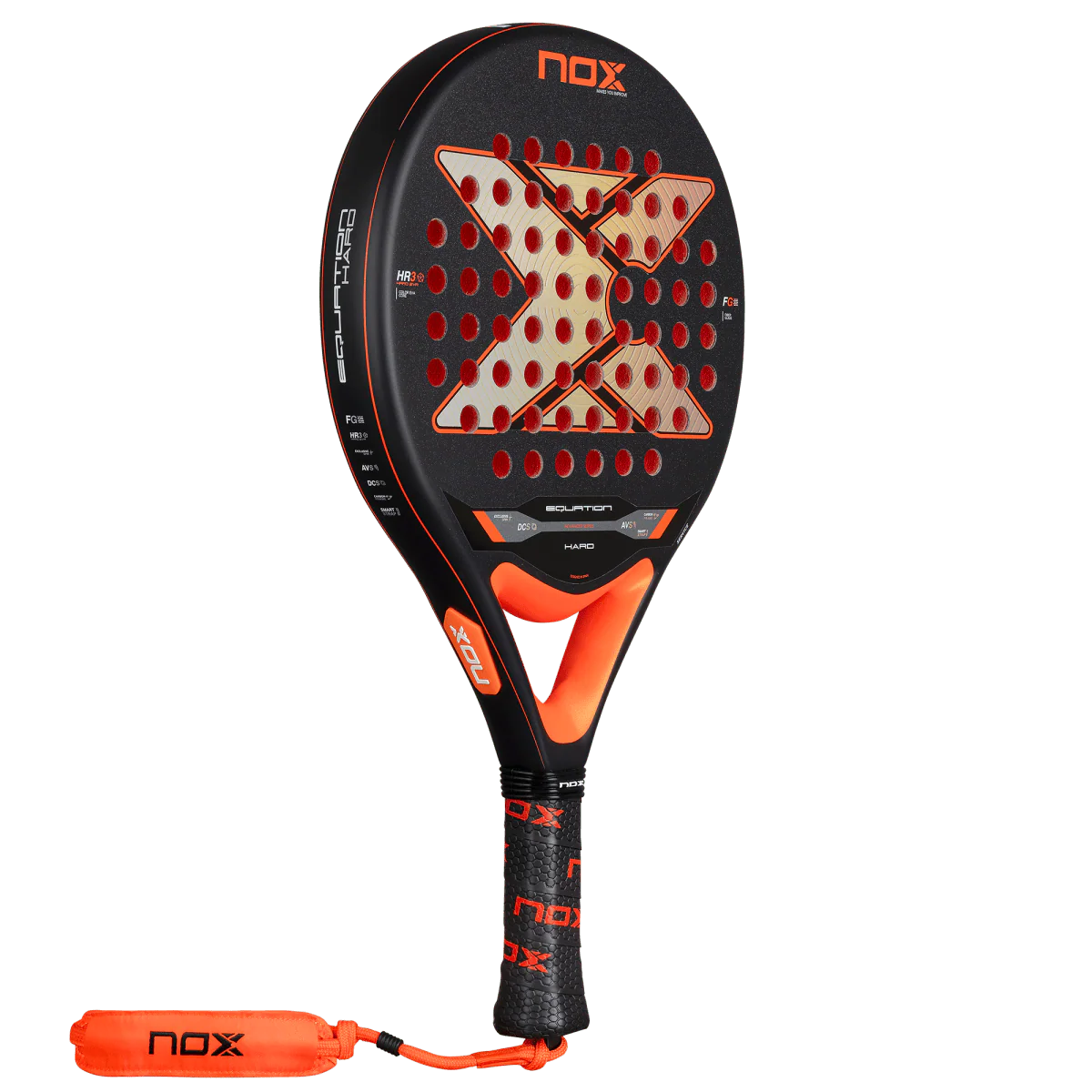 Nox Equation Hard 2026 padel racket angled side view showing carbon frame and balanced profile, designed for intermediate players.