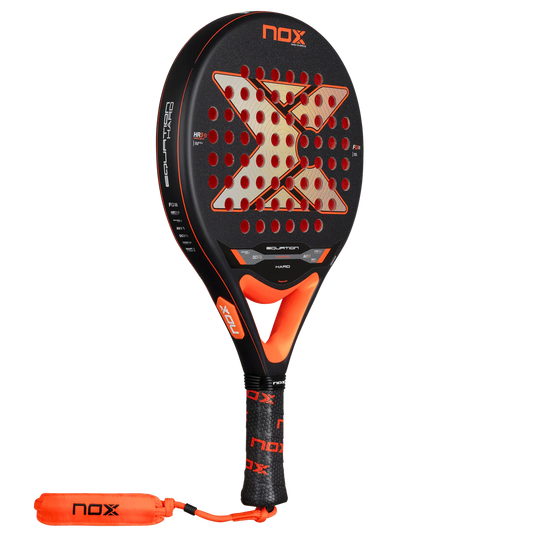 Nox Equation Hard 2026 padel racket angled side view showing carbon frame and balanced profile, designed for intermediate players.