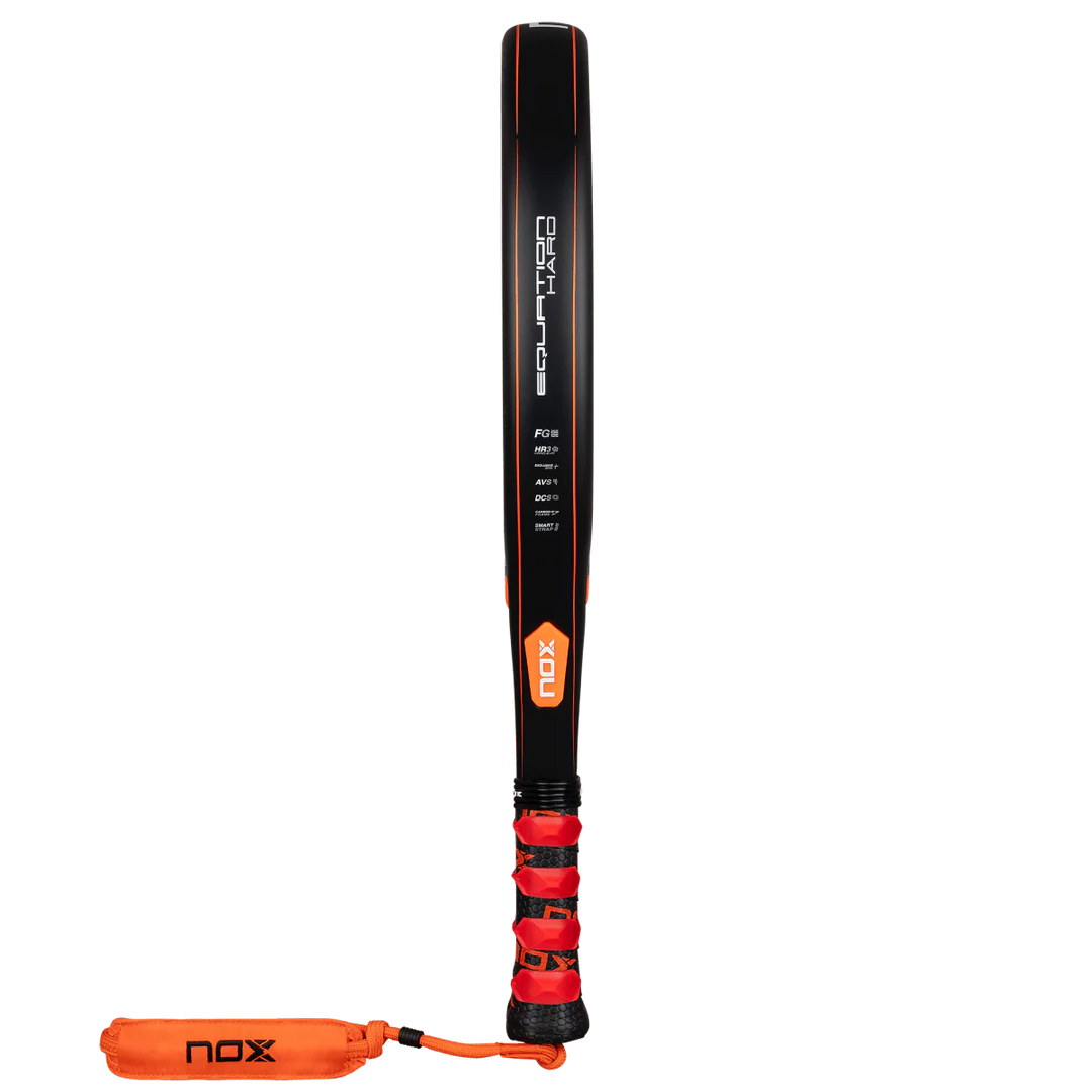 Nox Equation Hard 2026 padel racket side profile showing 38mm thickness and carbon construction, designed for intermediate players.