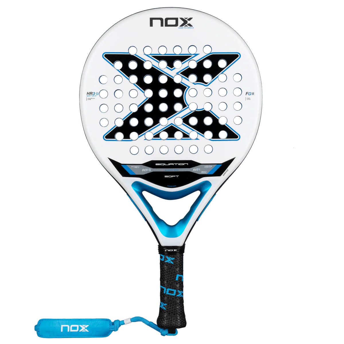 Nox Equation Soft Advanced 2026 padel racket front view showing full face design and wrist strap, designed for advanced players