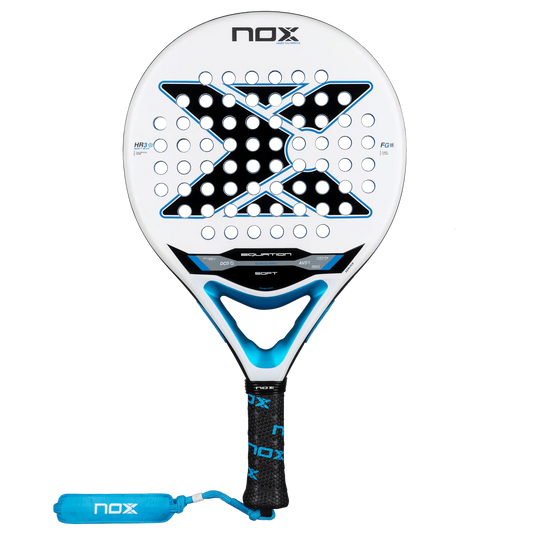 Nox Equation Soft Advanced 2026 padel racket front view showing full face design and wrist strap, designed for advanced players