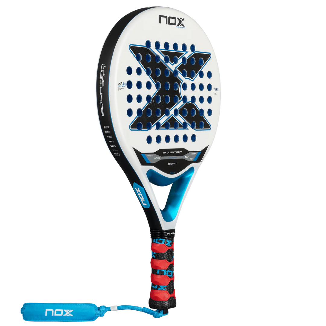 Nox Equation Soft Advanced 2026 padel racket angled front view highlighting shape and balance, designed for intermediate players