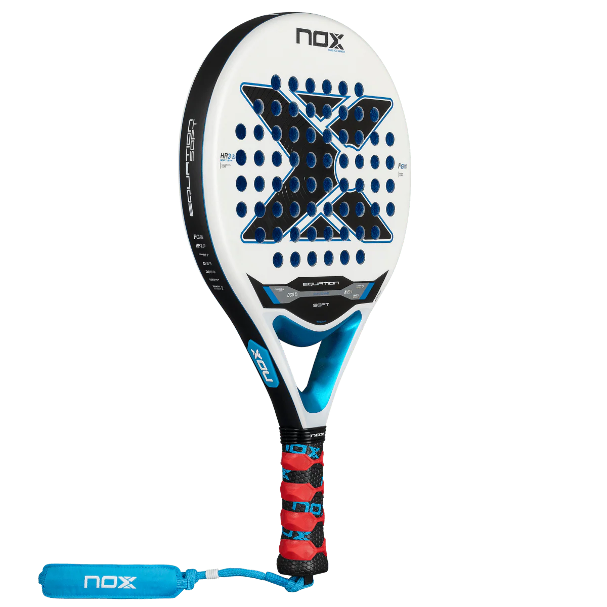 Nox Equation Soft Advanced 2026 padel racket angled front view highlighting shape and balance, designed for intermediate players