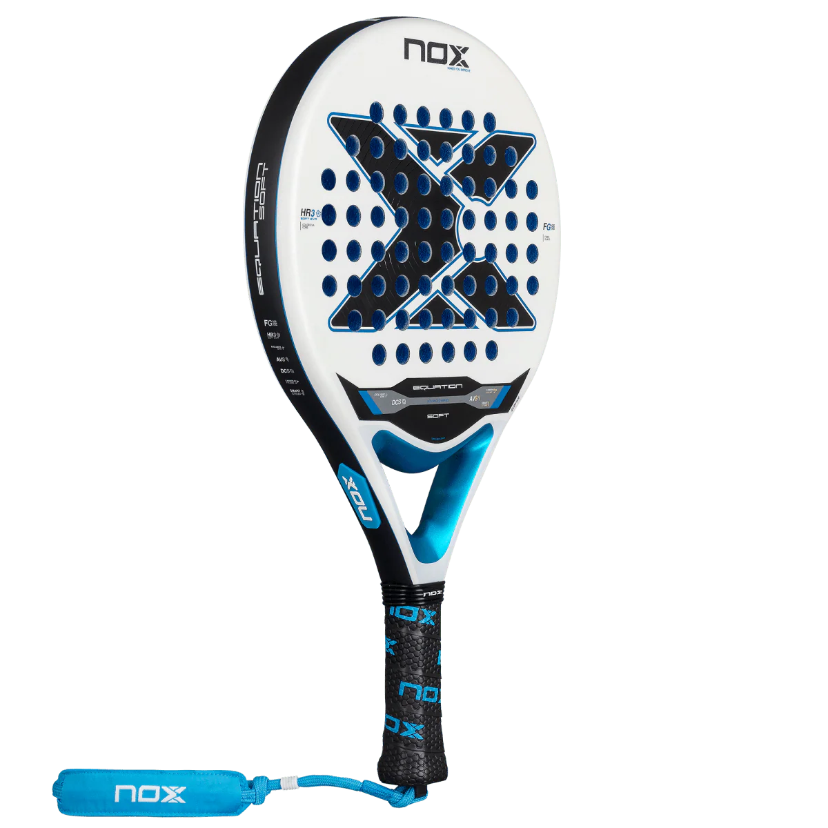 Nox Equation Soft Advanced 2026 padel racket angled front view highlighting shape and balance, designed for intermediate players