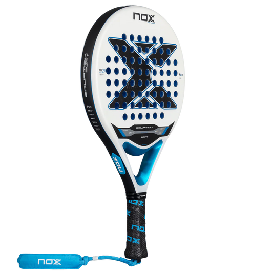 Nox Equation Soft Advanced 2026 padel racket angled front view highlighting shape and balance, designed for intermediate players