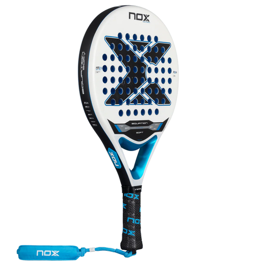 Nox Equation Soft Advanced 2026 padel racket angled front view highlighting shape and balance, designed for intermediate players