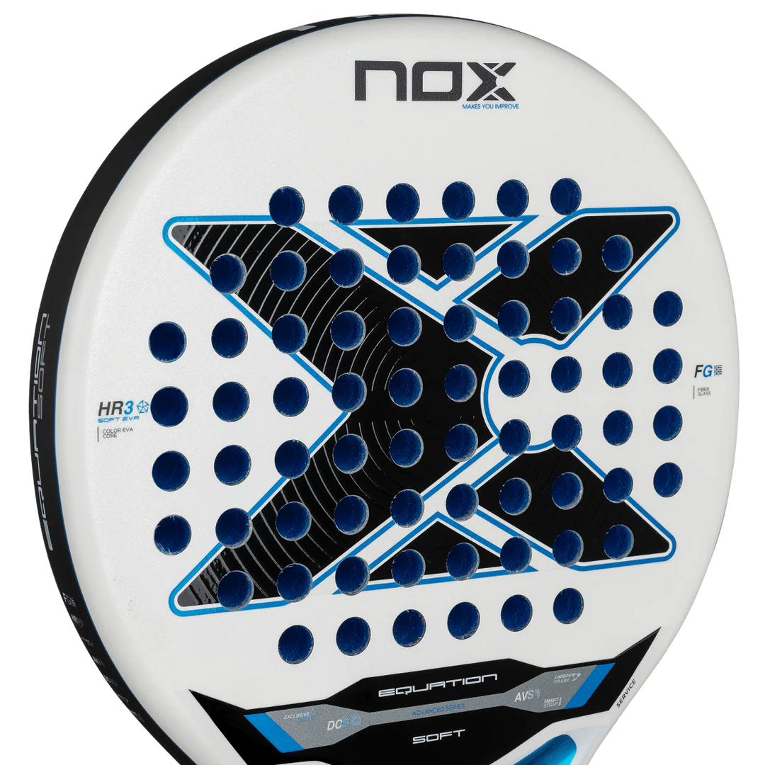 Nox Equation Soft Advanced 2026 padel racket face close up showing hole pattern and surface texture, designed for intermediate players