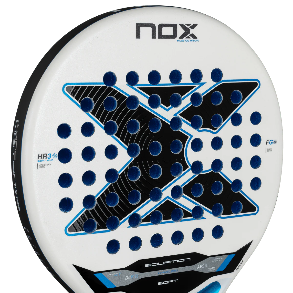 Nox Equation Soft Advanced 2026 padel racket face close up showing hole pattern and surface texture, designed for intermediate players