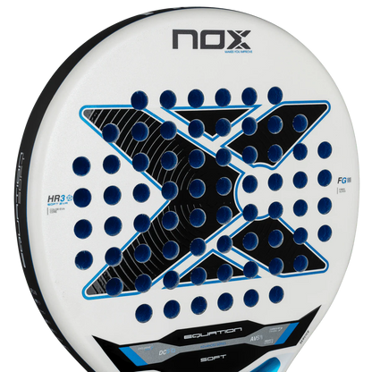 Nox Equation Soft Advanced 2026 padel racket face close up showing hole pattern and surface texture, designed for intermediate players