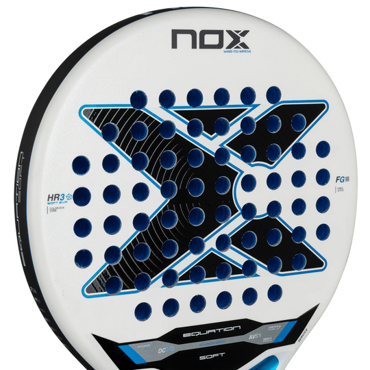 Nox Equation Soft Advanced 2026 padel racket face close up showing hole pattern and surface texture, designed for intermediate players