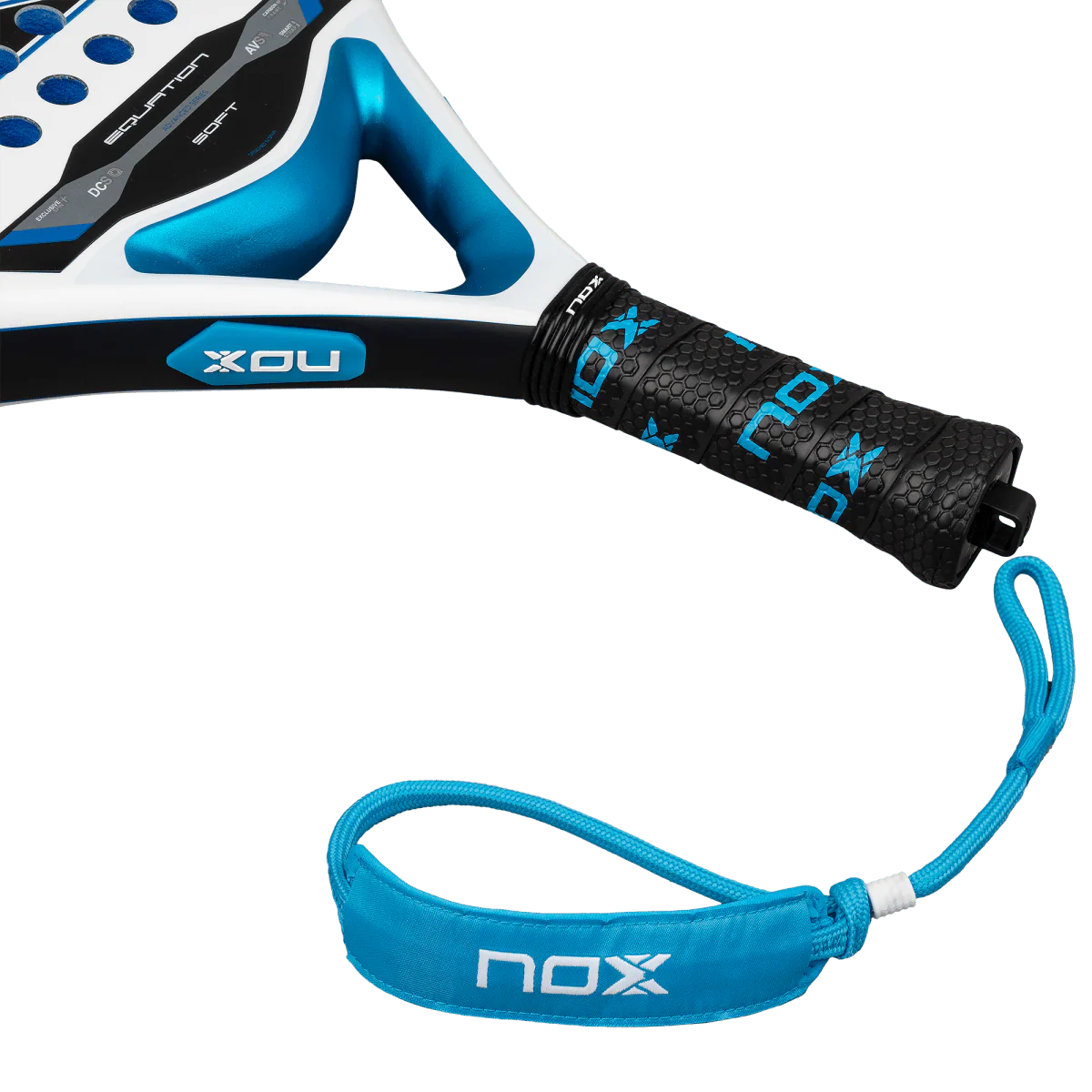 Nox Equation Soft Advanced 2026 padel racket grip close up with wrist strap and handle detail, designed for intermediate players