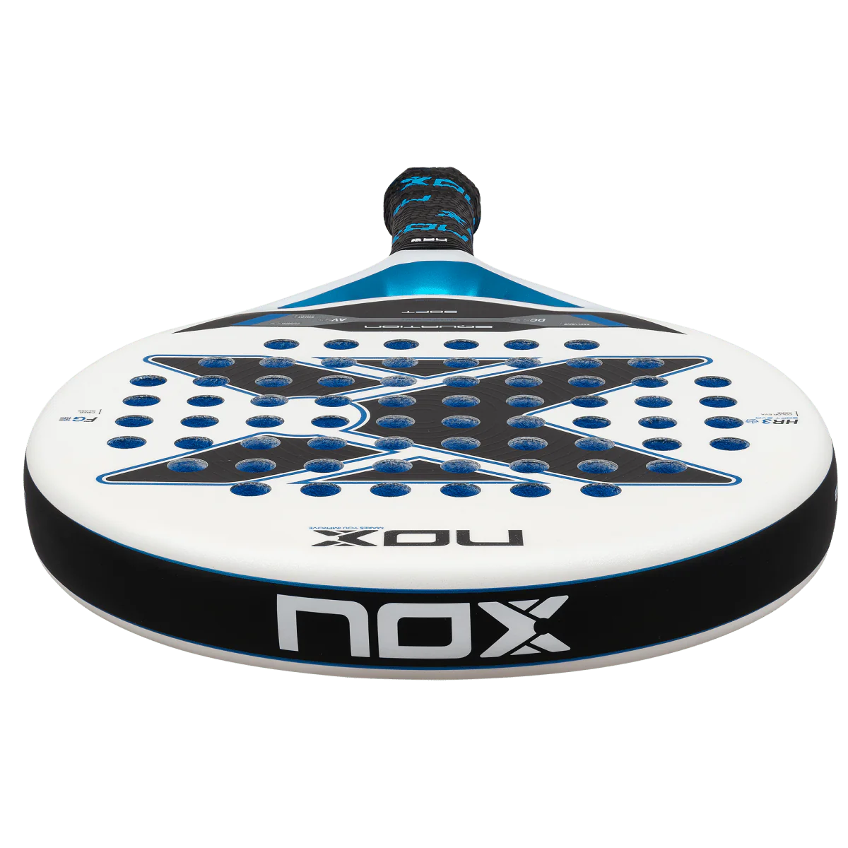 Nox Equation Soft Advanced 2026 padel racket horizontal face view showing thickness and edge profile, designed for intermediate players