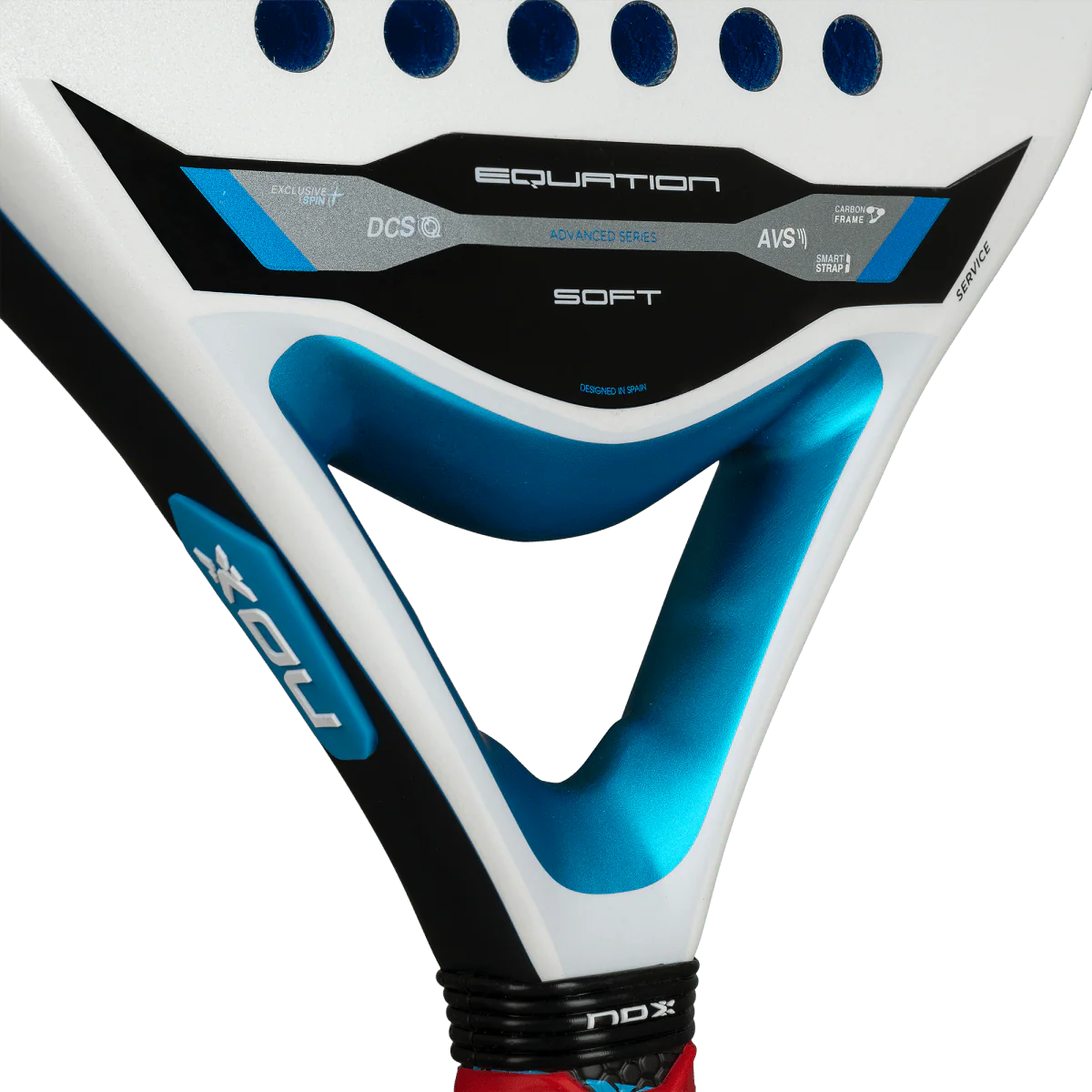 Nox Equation Soft Advanced 2026 padel racket throat close up showing bridge design and vibration control, designed for intermediate players
