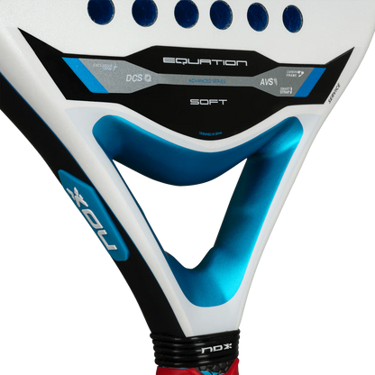 Nox Equation Soft Advanced 2026 padel racket throat close up showing bridge design and vibration control, designed for intermediate players