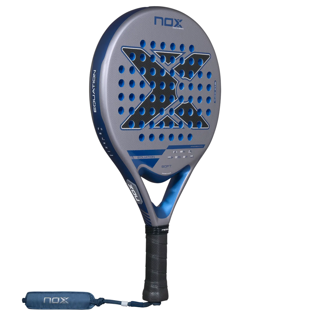 Nox Equation Soft Advanced 2027 padel racket full angled view showing round grey face, blue frame and wrist strap