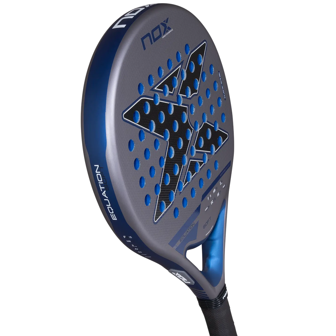 Angled close-up of Nox Equation Soft Advanced 2027 padel racket showing grey face, blue holes and frame profile