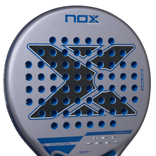 Nox Equation Soft Advanced 2027 padel racket face close-up showing grey finish, black X graphic and blue perforations