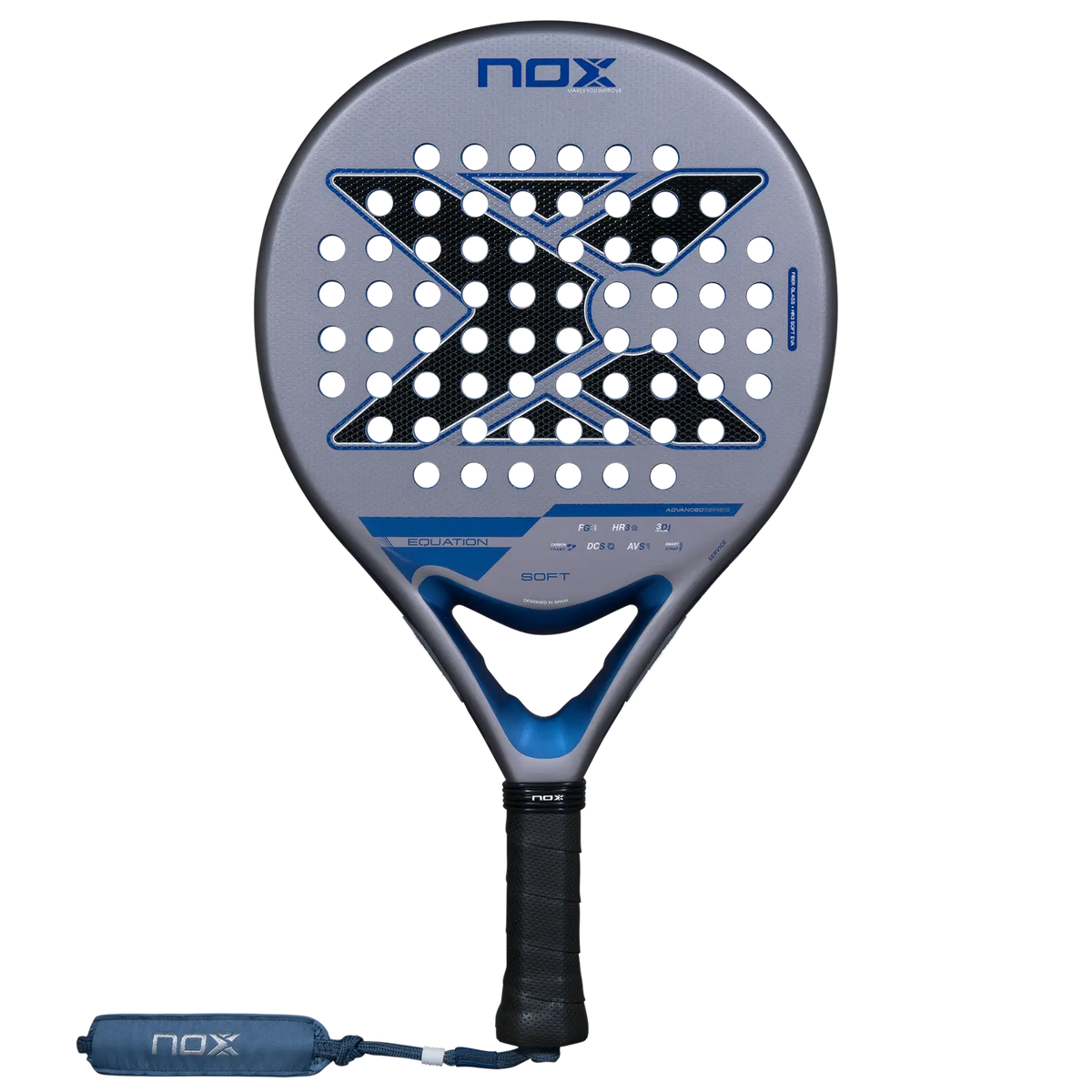Nox Equation Soft Advanced 2027 intermediate padel racket front view in grey and blue with round head and black grip