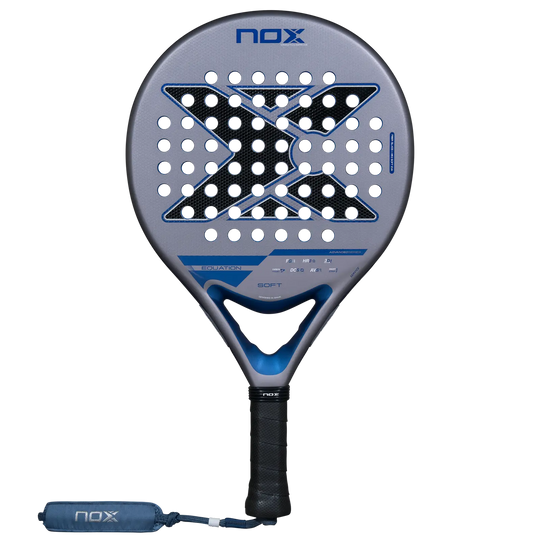 Nox Equation Soft Advanced 2027 intermediate padel racket front view in grey and blue with round head and black grip
