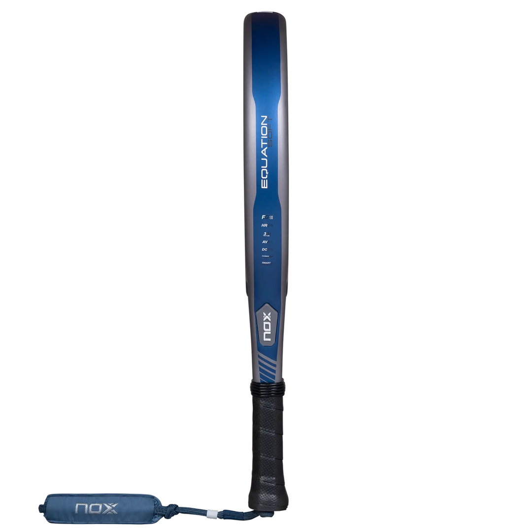 Side profile of Nox Equation Soft Advanced 2027 padel racket showing blue frame thickness, branding and black grip