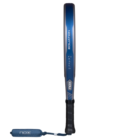 Side profile of Nox Equation Soft Advanced 2027 padel racket showing blue frame thickness, branding and black grip