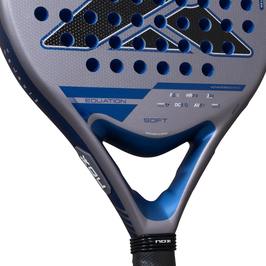 Close-up of Nox Equation Soft Advanced 2027 padel racket showing Soft branding, 3D textured surface and blue throat