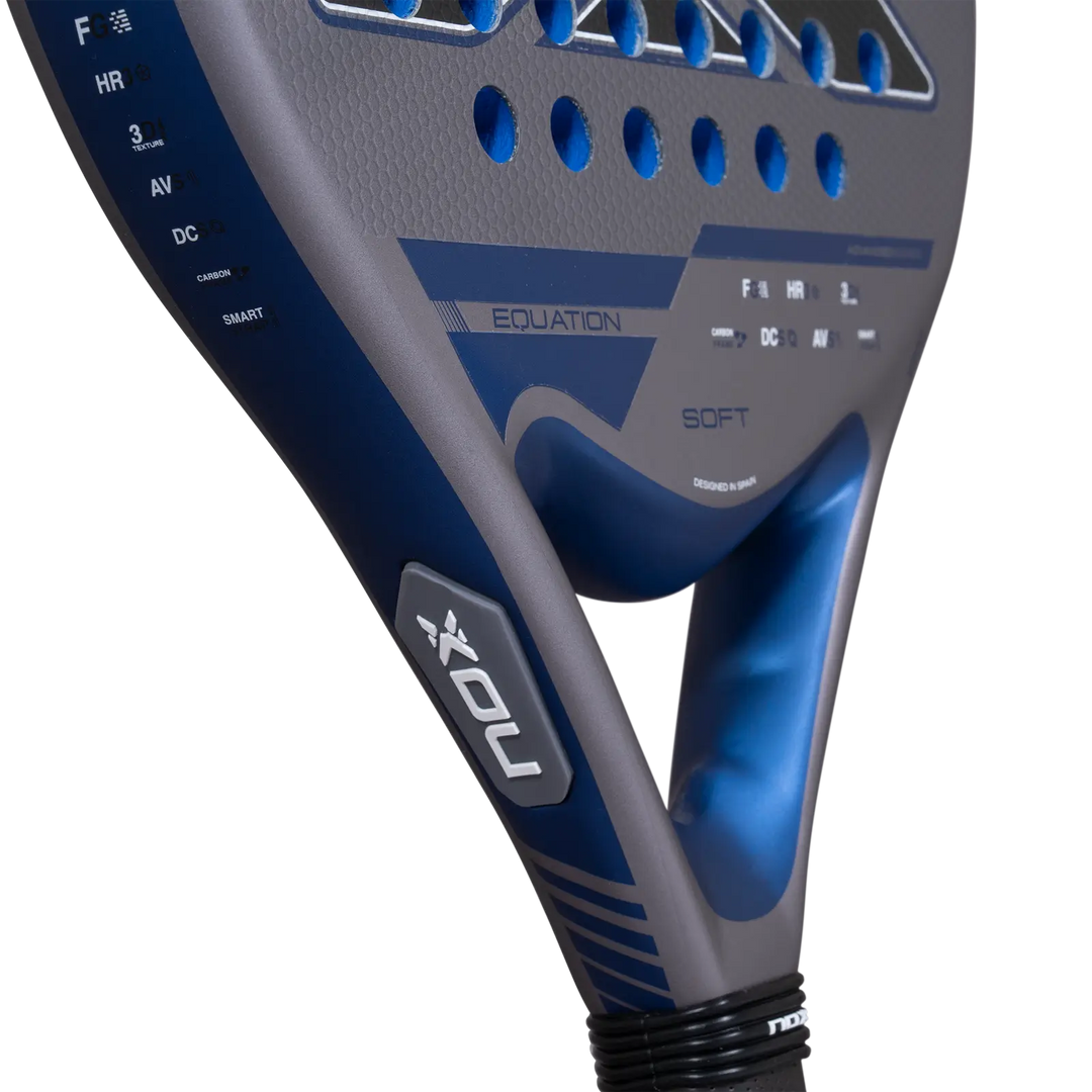 Nox Equation Soft Advanced 2027 padel racket close-up showing grey and blue frame, Soft branding and blue throat design