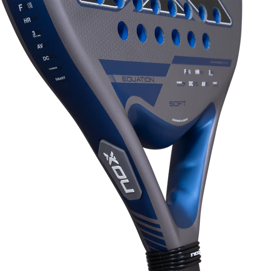 Nox Equation Soft Advanced 2027 padel racket close-up showing grey and blue frame, Soft branding and blue throat design
