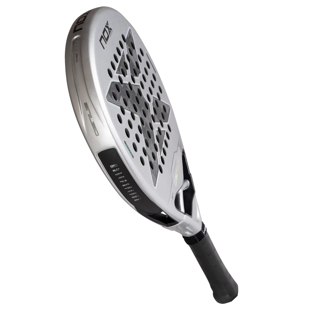 NOX Genius 12K Alum XTREM 2027 padel racket angled view showing silver carbon face, frame profile and black grip